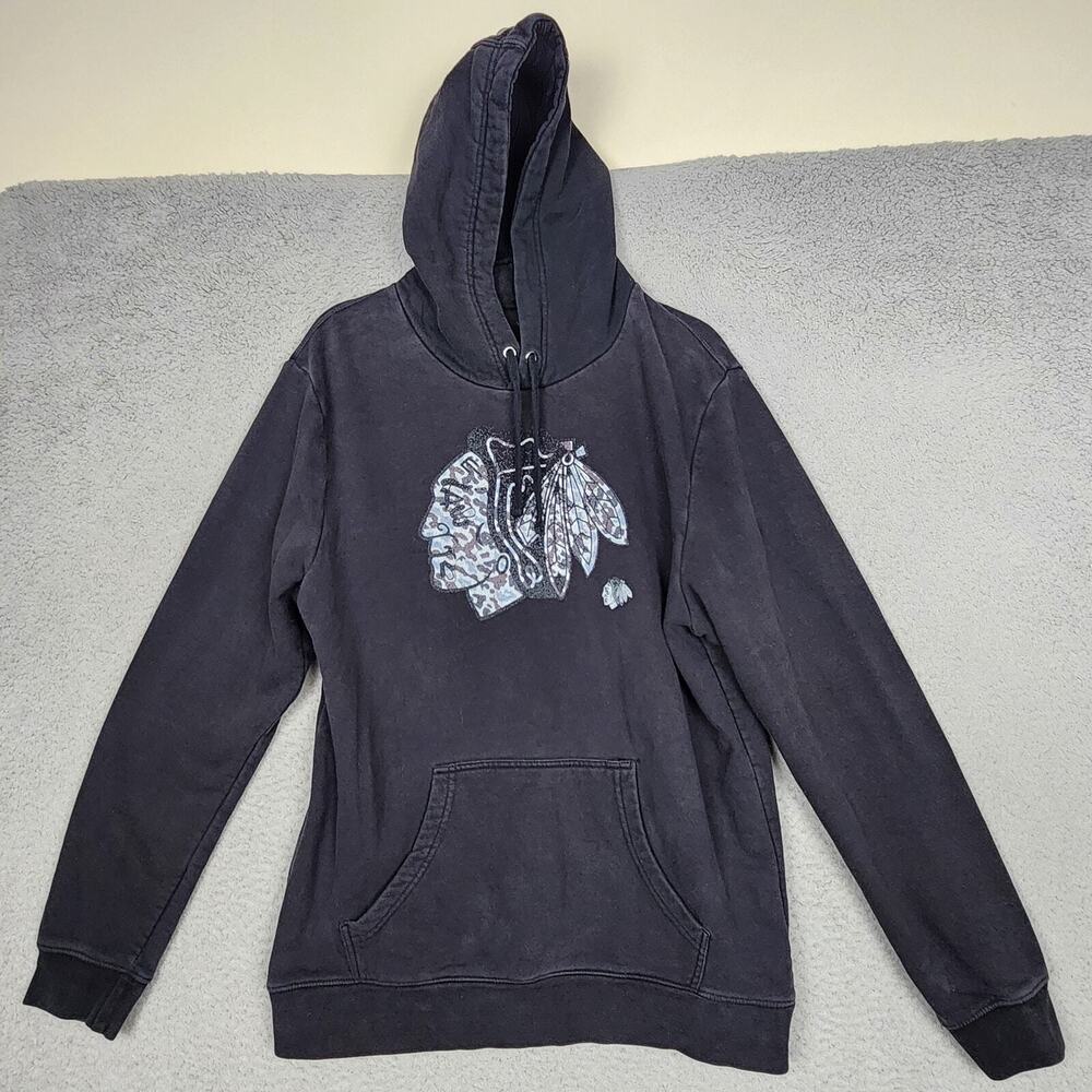 CHICAGO BLACKHAWKS Hoodie Mens Large Black Pullover Fleece NHL Hockey FANATICS